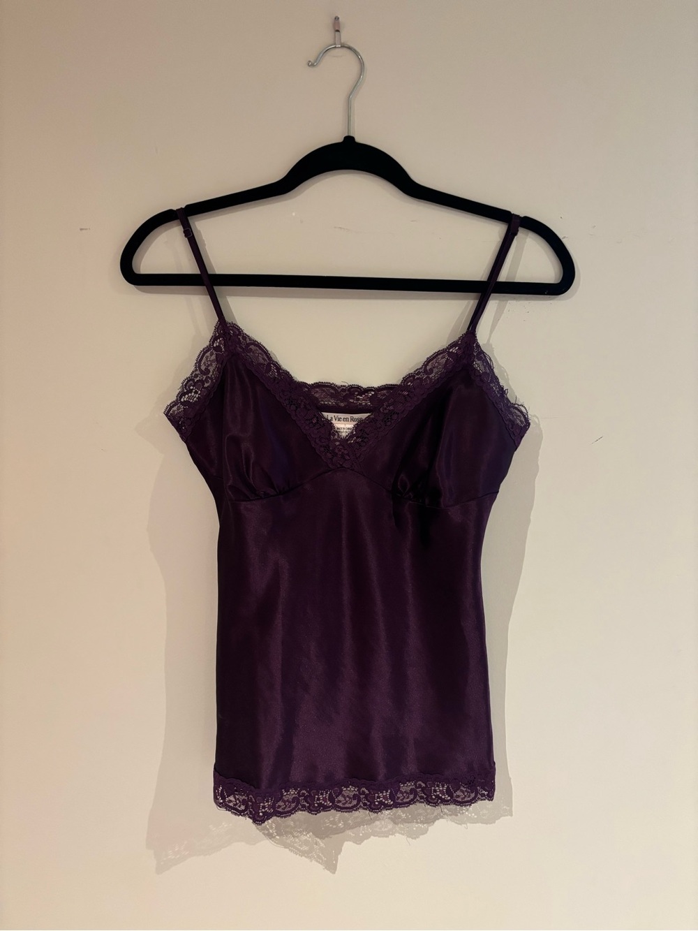 La Vie En Rose Lace-Trim Satin Cami in Plum